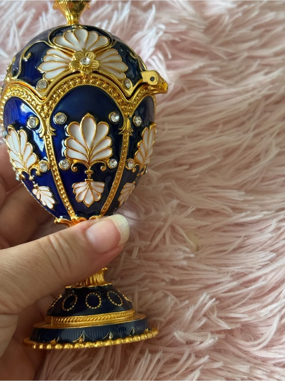 Decorative Egg Trinket Box in Deep Blue, Pink, and Gold
